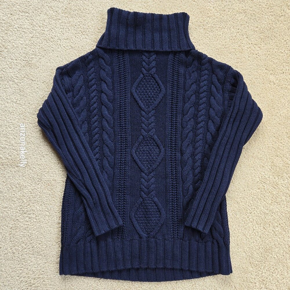 Athleta Merino Cable Knit Navy Blue Cowl Neck Sweater Chunky